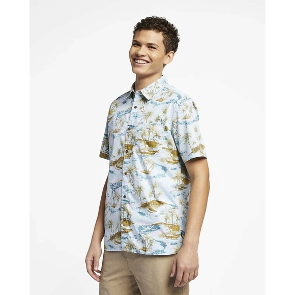 Hurley Men's Outrigger Smiley Hawaiian Short Sleeve Button Up Shirt - Topaz Mist - Picture 1 of 4